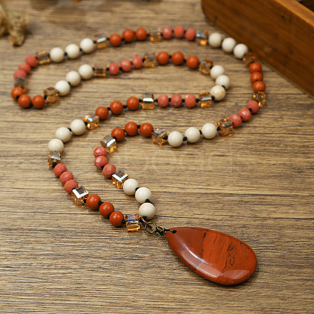 Natural Red Jasper Flat Teardrop Pendant Round Gems and Cube Glass Beaded Long Necklaces for Women FS-WG9FE58-05-1
