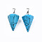 Cone/Spike/Pendulum Dyed Synthetical Blue Turquoise Stone Pendants, with Platinum Plated Iron Findings, 25~27x14x14mm, Hole: 6x3mm