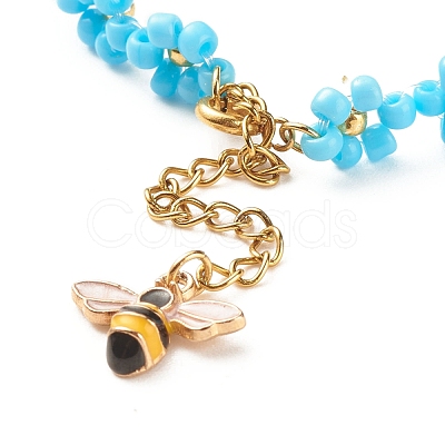 Glass Seed Beaded Flower Necklace with Alloy Enamel Bee Charm NJEW-JN03817-01-1