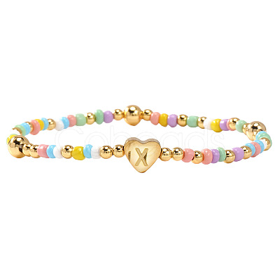 Summer Stainless Steel Heart Alphabet Colorful Glass Seed Beaded Stretch Bracelets for Women JV8929-50-1