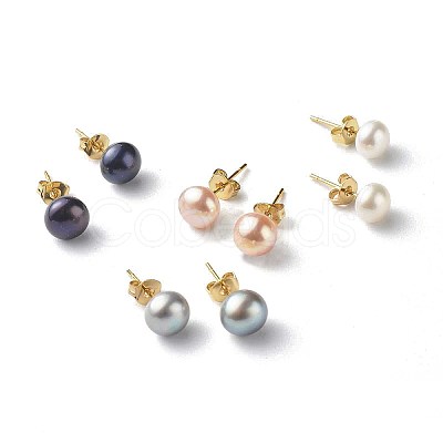 Natural Pearl Rondelle Stud Earrings EJEW-JE04585-1