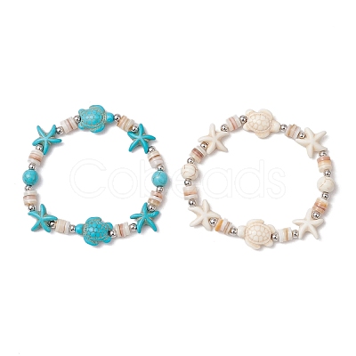 2Pcs Starfish & Turtle Natural Freshwater Shell Beads Stretch Bracelets for Women BJEW-JB11922-1