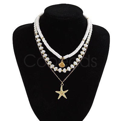 Summer Beach Alloy Starfish Pendant Shell & Imitation Pearl Beaded 3 Layer Necklaces for Women FS-WGA3F17-02-1