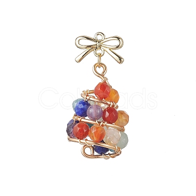 Natural Apatite & Green Aventurine & Lapis Lazuli & Citrine & Agate & Amethyst Faceted Round Beaded Copper Wire Wrapped Christmas Tree Pendants PALLOY-TA00334-1