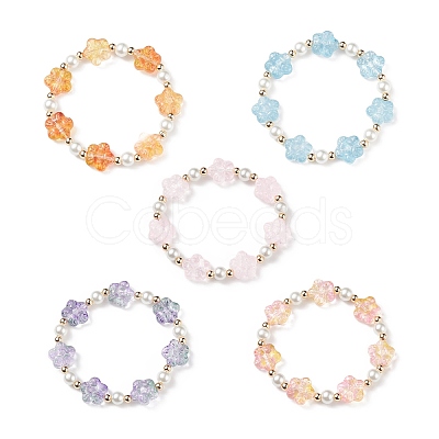 5Pcs 5 Color Glass Plum Blossom & Imitation Pearl Beaded Stretch Bracelets Set BJEW-JB08943-1
