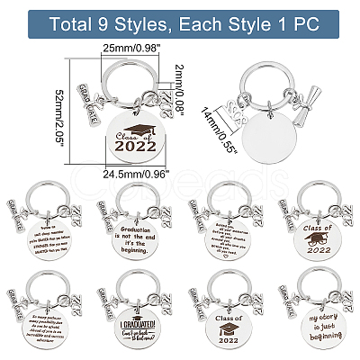 9Pcs 9 Style Graduation Theme 201 Stainless Steel Keychain Clasps KEYC-PH0001-52-1