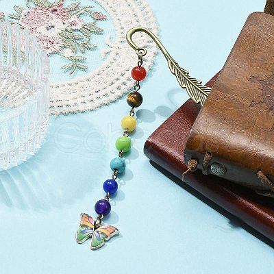 Butterfly Alloy Enamel Pendant Bookmark with Chakra Gemstone Bead AJEW-JK00253-05-1