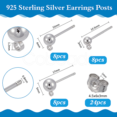 24Pcs 3 Styles Sterling Silver Round Ball Stud Earring Findings FIND-ME0002-56-1