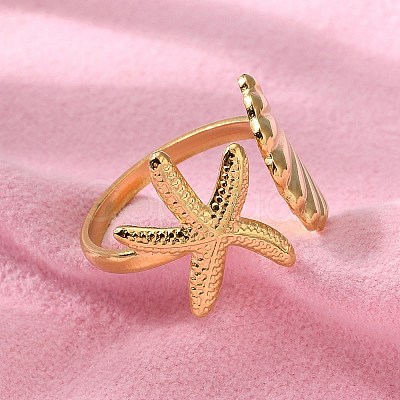 304 Stainless Steel Starfish & Shell Open Cuff Rings for Women RJEW-C095-09G-1