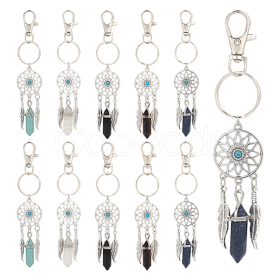 10Pcs Woven Net/Web with Feather Alloy Pendant Decorations HJEW-NB0001-83-1