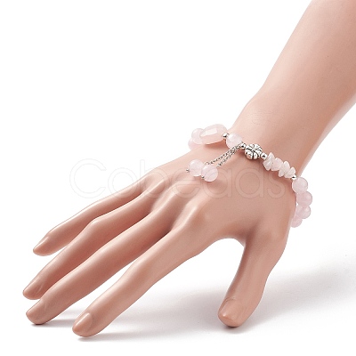 Natural Rose Quartz Round & Heart & Chips Beaded Stretch Bracelet BJEW-TA00194-1