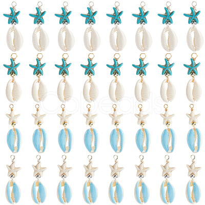 40Pcs 4 Colors Cowrie Shell & Dyed Synthetic Turquoise Starfish Pendants PALLOY-SC0004-40-1