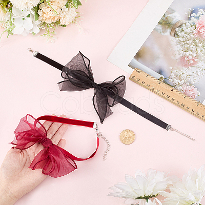 2Pcs 2 Colors Gauze Bowknot Fabric Choker Necklaces for Women AJEW-CP0011-95-1