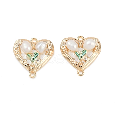 Brass Enamel & Natural Pearl Heart with Flower Connector Charms KK-K351-52G-01-1