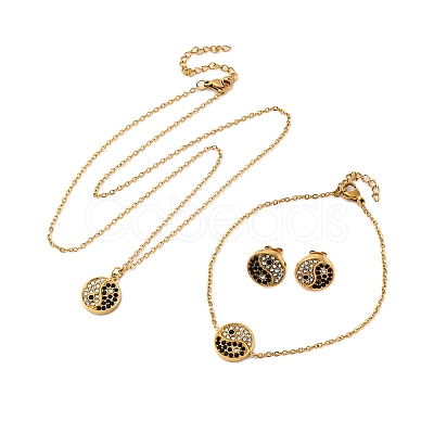 Yin-yang 304 Stainless Steel Rhinestone Pendant Necklaces & Bracelets & Stud Earrings Sets for Women SJEW-C004-17G-1