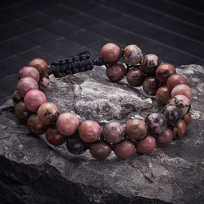 Natural Rhodonite Braided Bead Bracelet BJEW-SW00001-17-1