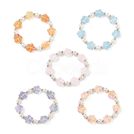 5Pcs 5 Color Glass Plum Blossom & Imitation Pearl Beaded Stretch Bracelets Set BJEW-JB08943-1