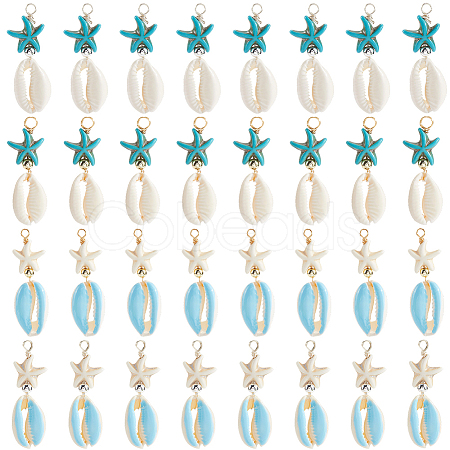 40Pcs 4 Colors Cowrie Shell & Dyed Synthetic Turquoise Starfish Pendants PALLOY-SC0004-40-1