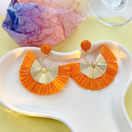Bohemian Style Fan Alloy Raffia Dangle Stud Earrings FS-WGD68B3-03-1