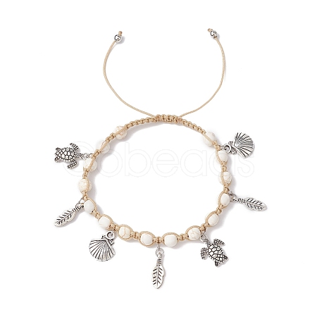 Feather & Turtle & Shell Shape Alloy Charm Bracelet BJEW-TA00389-01-1