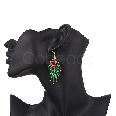 Christmas Leaf Glass Pearl Dangle Earrings EJEW-TA00739-1