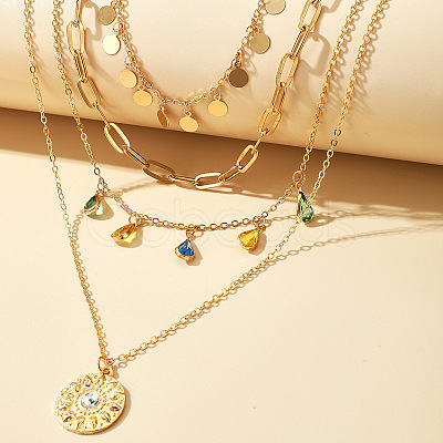 Teardrop Disc Alloy with Colorful Rhinestone Pendant Multi Layered Necklaces for Women FS-WG832B2-01-1