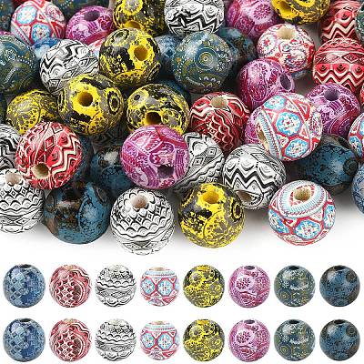 32Pcs 8 Colors Bohemian Style Printed Schima Wood Beads WOOD-YW0001-93-1