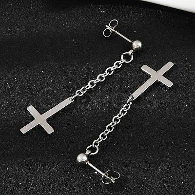Christian Upside Down Cross 201 Stainless Steel Dangle Stud Earrings LS-EJEW-P314-01B-P-1