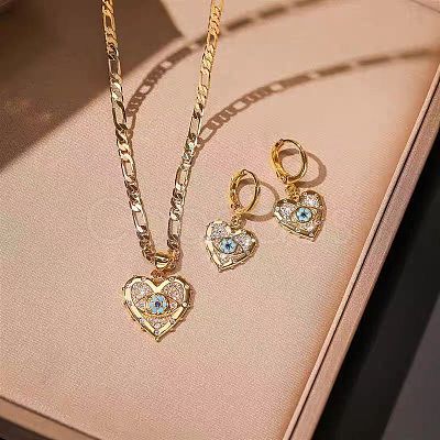 Heart with Eye Pattern 304 Stainless Steel Micro Pave Cubic Zirconia Pendant Necklace & Hoop Earrings Sets FS-WGB58AC-04-1