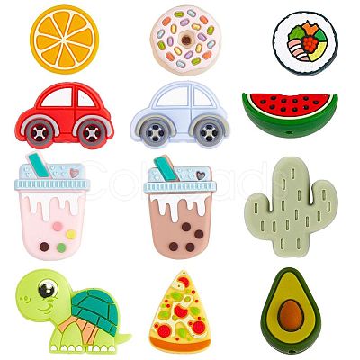 12Pcs 12 Style Food Grade Eco-Friendly Silicone Focal Beads SIL-SC0001-17-1