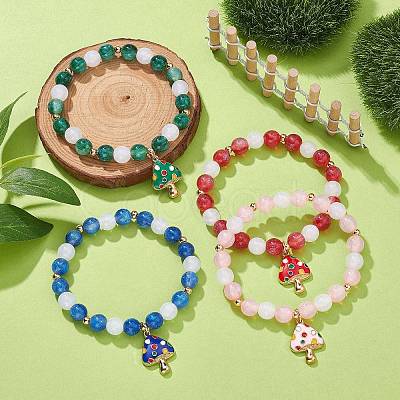 Resin Imiattion Cat Eye Beaded Stretch Bracelet with Mushroom Alloy Enamel Charms BJEW-JB09571-1