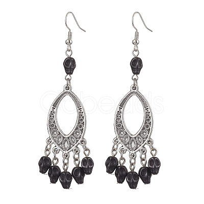 Halloween Skull Dyed Synthetic Turquoise & Alloy Dangle Earrings EJEW-JE05890-1