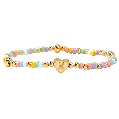 Summer Stainless Steel Heart Alphabet Colorful Glass Seed Beaded Stretch Bracelets for Women JV8929-34-1