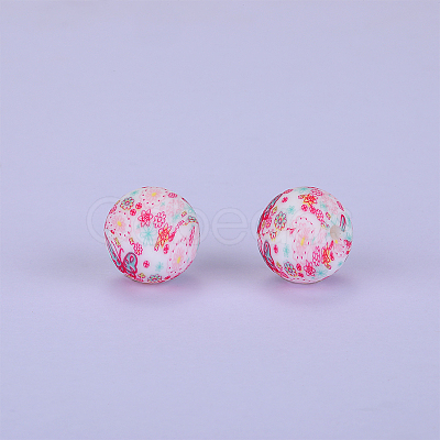 Printed Round with Flower Pattern Silicone Focal Beads SI-JX0056A-174-1