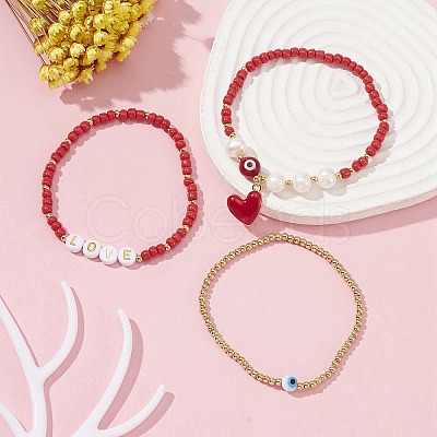 3Pcs 3 Style Natural Pearl & Glass & Acrylic Word Stretch Bracelets Set BJEW-TA00319-1