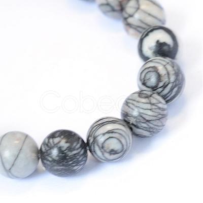 Natural Black Silk Stone/Netstone Round Bead Strands G-E334-8mm-05-1