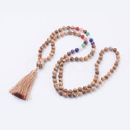 Natural Picture Jasper Tassel Pendant Necklaces NJEW-P193-A02-1