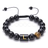 10MM Natural Black Onyx(Dyed & Heated) and Tiger Eye Alphabet Round Braided Bead Adjustable Bracelets for Women DM6424-12-1