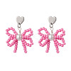 Heart with Bowknot Handmade Glass Seed Beads Dangle Stud Earrings EJEW-MZ00474-04-2
