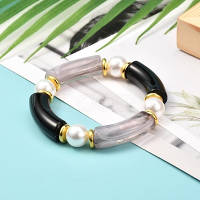 Chunky Acrylic Curved Tube Beads Stretch Bracelet for Teen Girl Women BJEW-JB06993-02-1