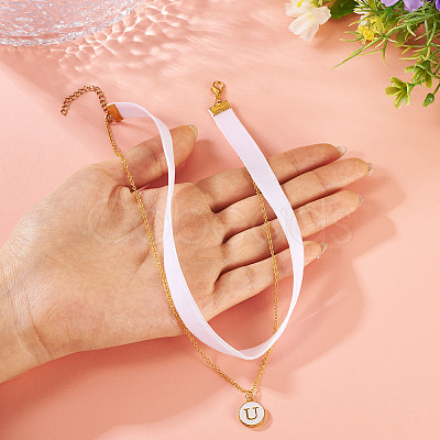 Alloy Enamel Letter Pendant Single Face White Velvet Ribbon & Brass Chain Double Layered Choker Necklaces NJEW-TAC0036-1