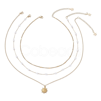 304 Stainless Steel Pendant 316 Surgical Stainless Steel & Plastic Pearl Paperclip Chain 3 Layer Necklaces for Women NJEW-JN05471-01-1