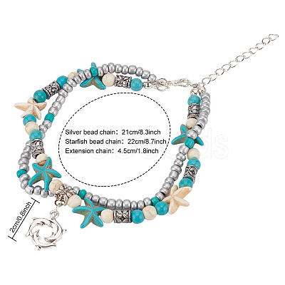 ANATTASOUL 8Pcs 8 Style Synthetic Turquoise Starfish & Seed & Resin Beaded Double Layer Multi-strand Anklets Set AJEW-AN0001-03-1