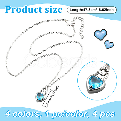 4Pcs 4 Colors Heart Brass Cubic Zirconia Pendant Necklaces for Women NJEW-HY0001-28-1
