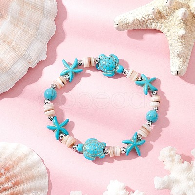 Starfish & Turtle Natural Freshwater Shell Beads Stretch Bracelets for Women BJEW-JB11922-01-1