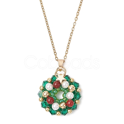 Natural Carnelian & Bicone Glass & Shell Pearl & Seed Beads Christmas Wreath Pendant 304 Stainless Steel Cable Chain Necklaces for Women NJEW-MZ00122-1