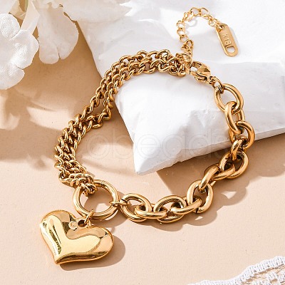 Ion Plating(IP) 304 Stainless Steel Twisted Chain & Cable Chain Heart Charm Bracelets for Women BJEW-H613-01G-1