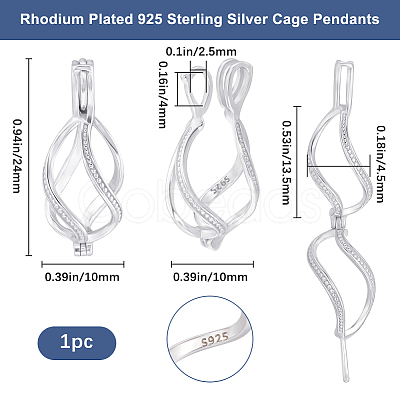 1Pc Rhodium Plated 925 Sterling Silver Cage Pendants STER-BBC0007-18B-1