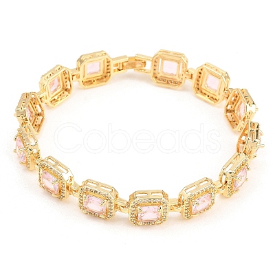 Square Brass Micro Pave Clear Cubic Zirconia and Glass Link Chain Bracelets BJEW-T025-04G-04-1