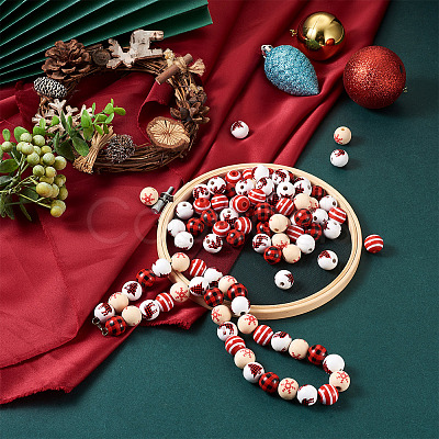 100Pcs 5 Style Christmas Themed Dyed Natural Wooden Beads WOOD-BT0001-07-1